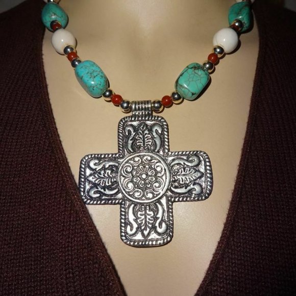 BIG Turquoise-Colored Magnesite Cross Necklace Set - Picture 2 of 4